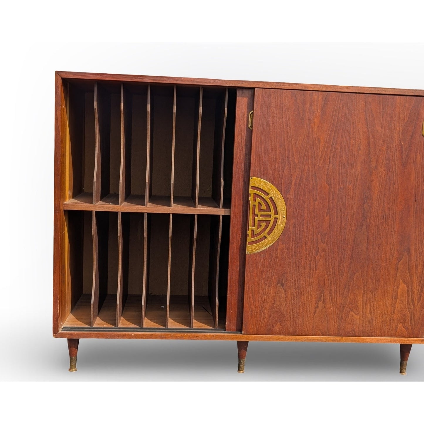 Mid century modern walnut record cabinet with Asian modern minimalist design for vinyl storage