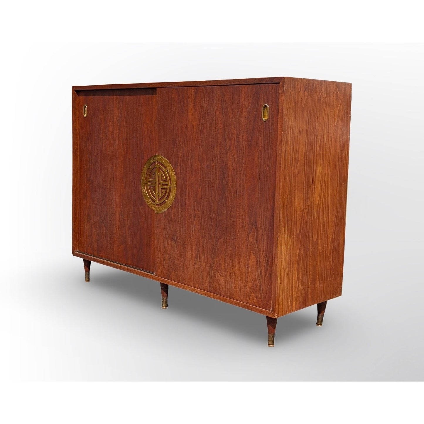 Mid century modern walnut record cabinet with Asian modern minimalist design for vinyl storage