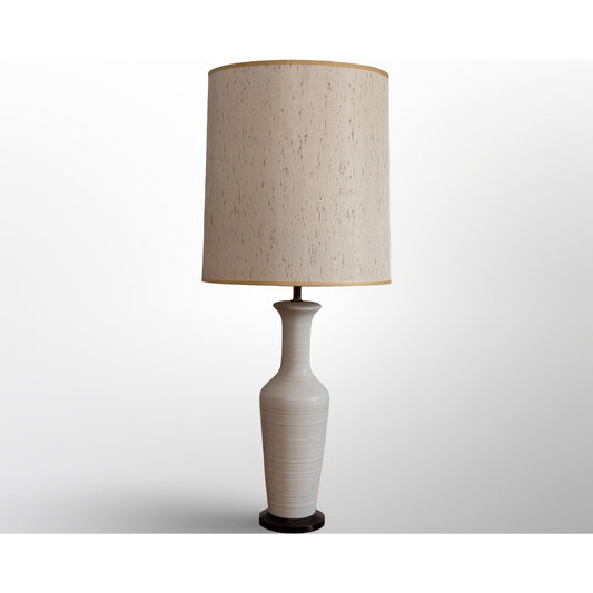 Mid century modern white ceramic table lamp with wood base and shade restored vintage lighting