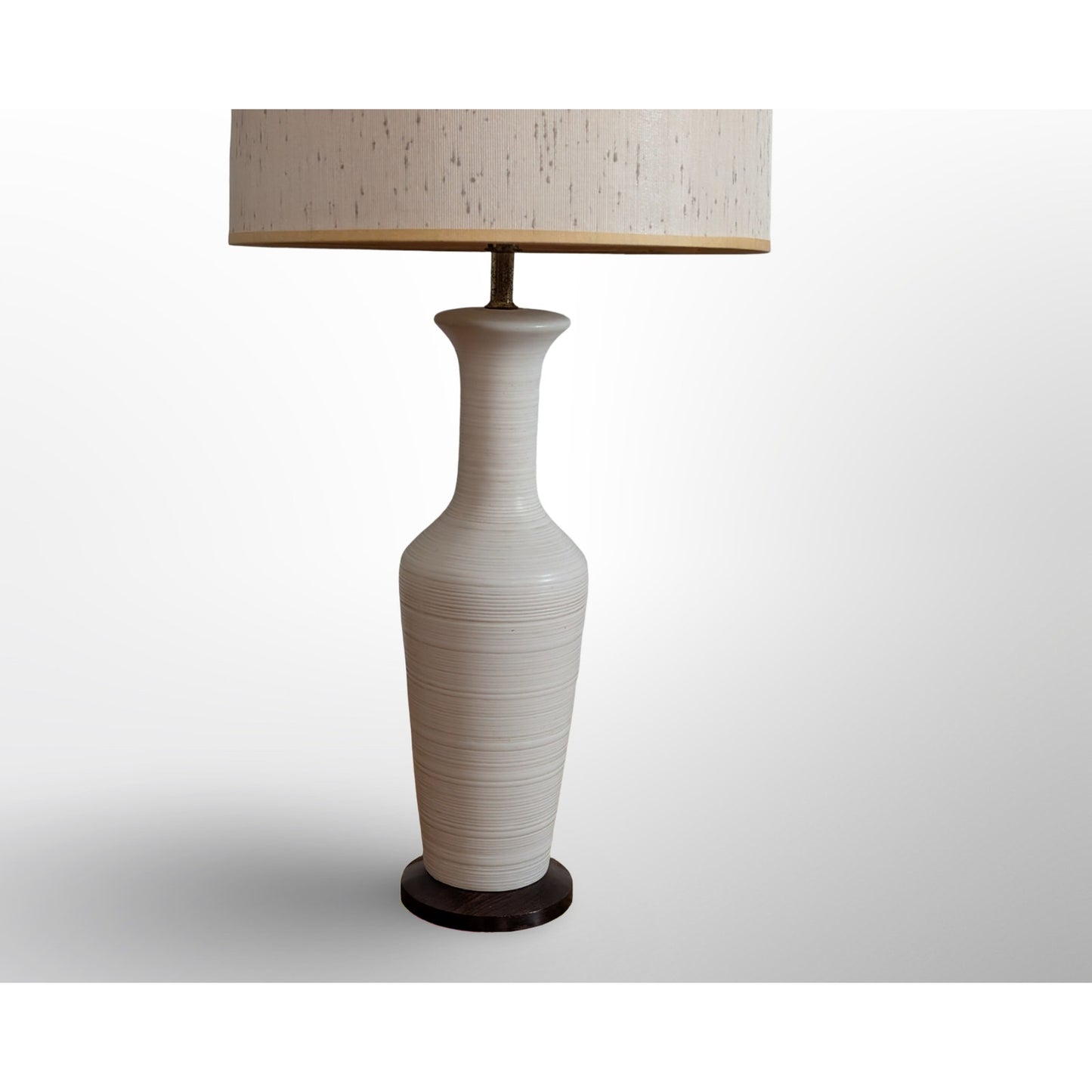 Mid century modern white ceramic table lamp with wood base and shade restored vintage lighting