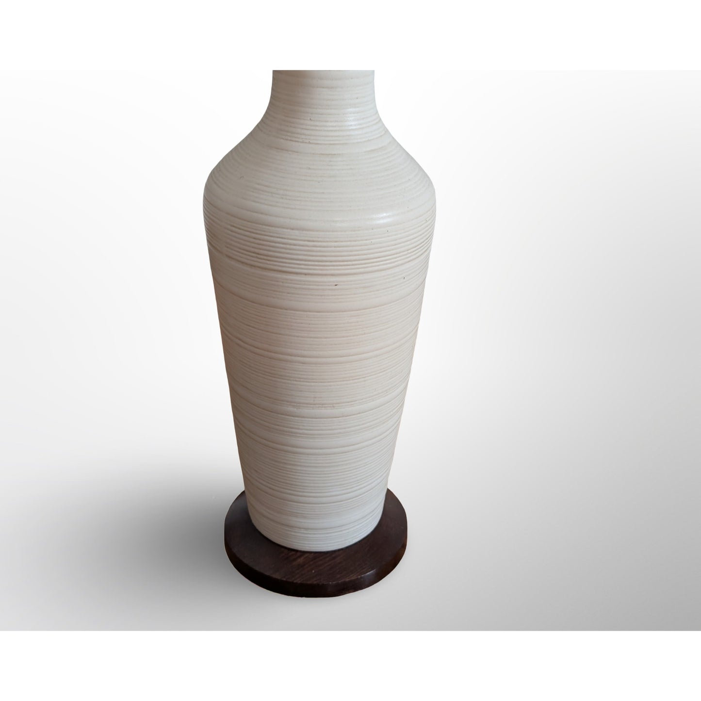 Mid century modern white ceramic table lamp with wood base and shade restored vintage lighting