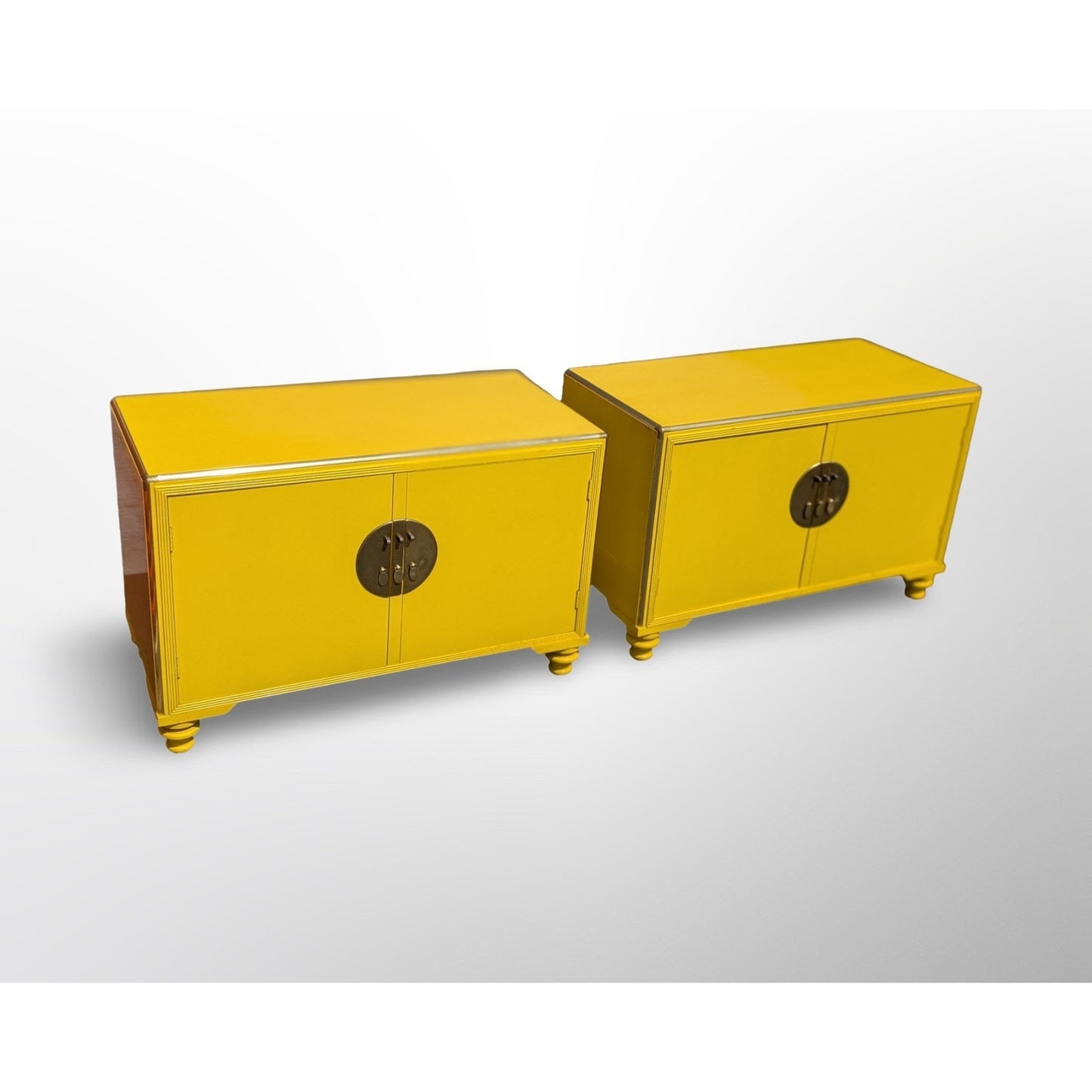 Mid century modern Baker Far East Collection cabinets pair with glossy yellow lacquer finish