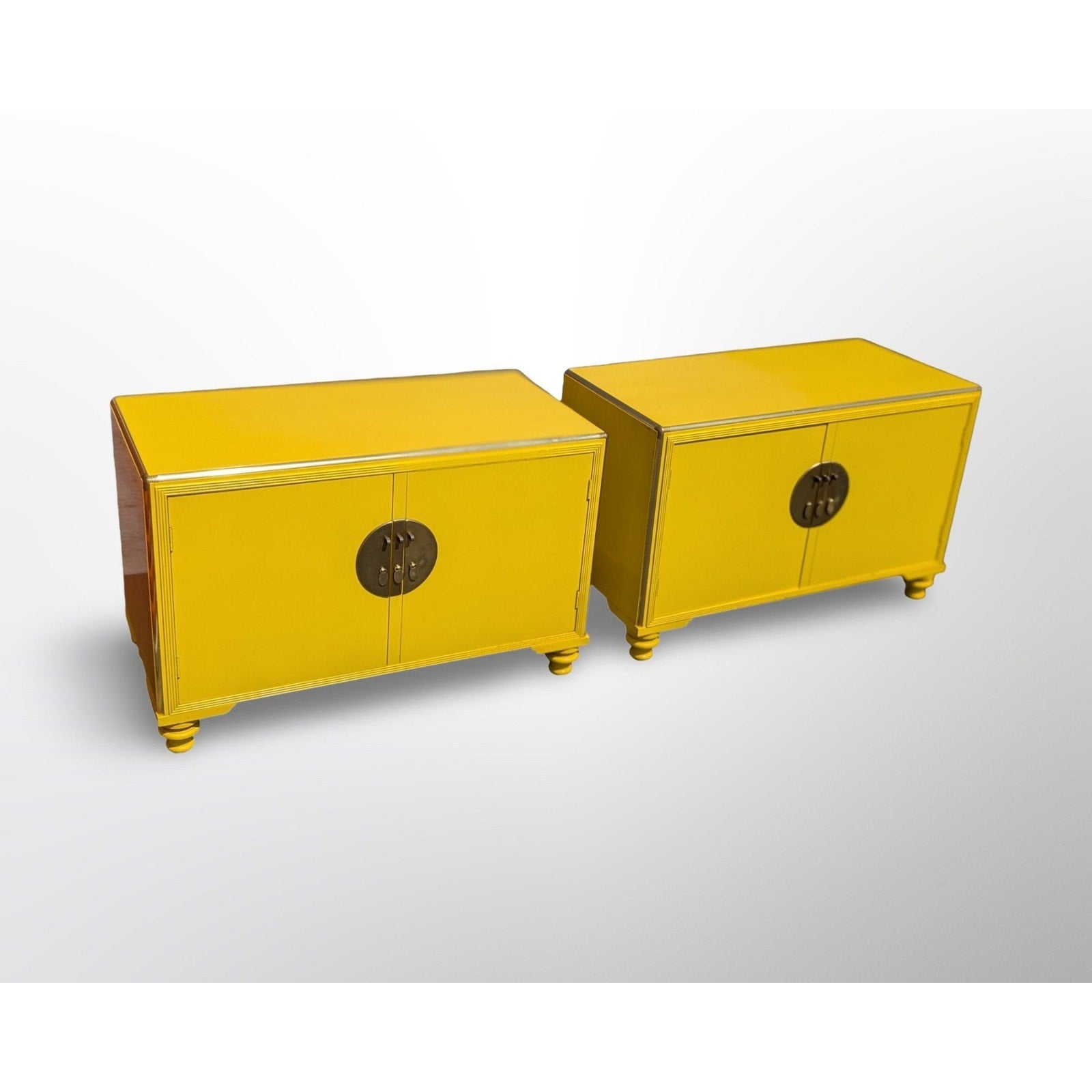 Mid century modern Baker Far East Collection cabinets pair with glossy yellow lacquer finish