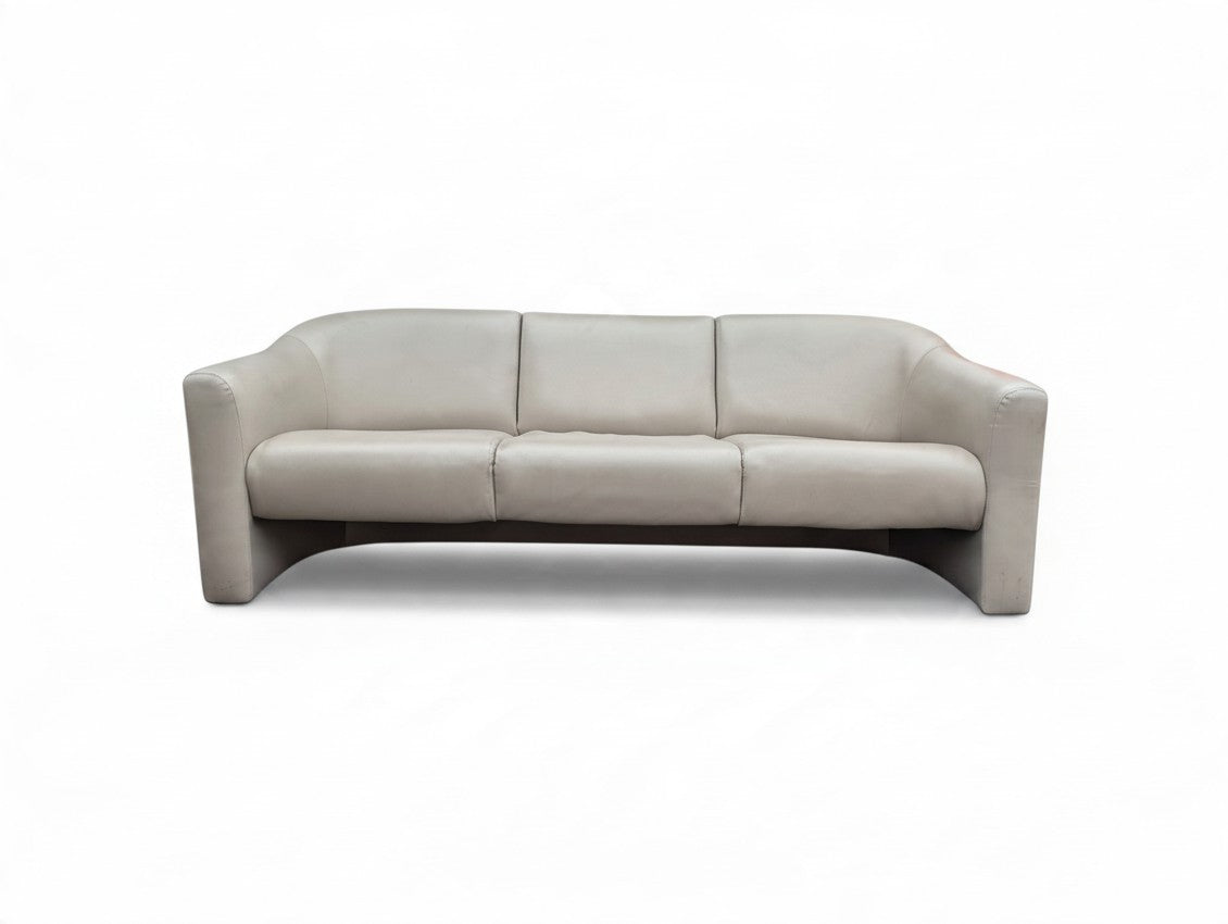 Vintage Milo Baughman for Thayer Coggin Institutional gray leather three seater sofa with curved sled legs and original manufacturer's tag