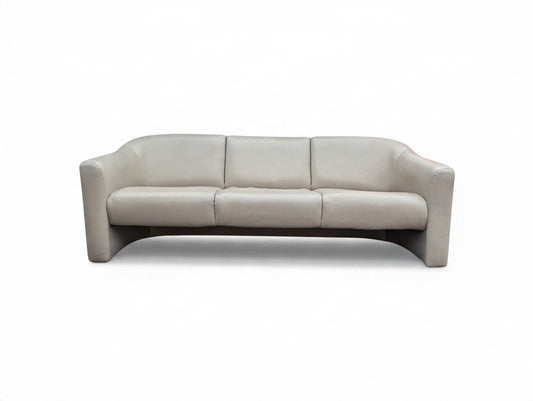 Vintage Milo Baughman for Thayer Coggin Institutional gray leather three seater sofa with curved sled legs and original manufacturer's tag
