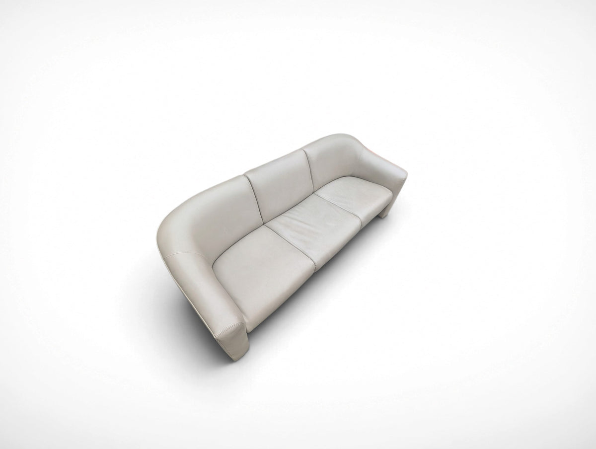 Vintage Milo Baughman for Thayer Coggin Institutional gray leather three seater sofa with curved sled legs and original manufacturer's tag