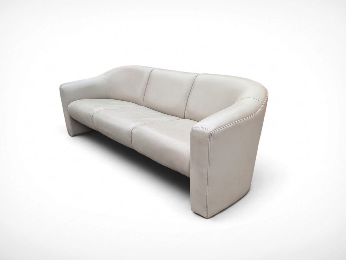 Vintage Milo Baughman for Thayer Coggin Institutional gray leather three seater sofa with curved sled legs and original manufacturer's tag