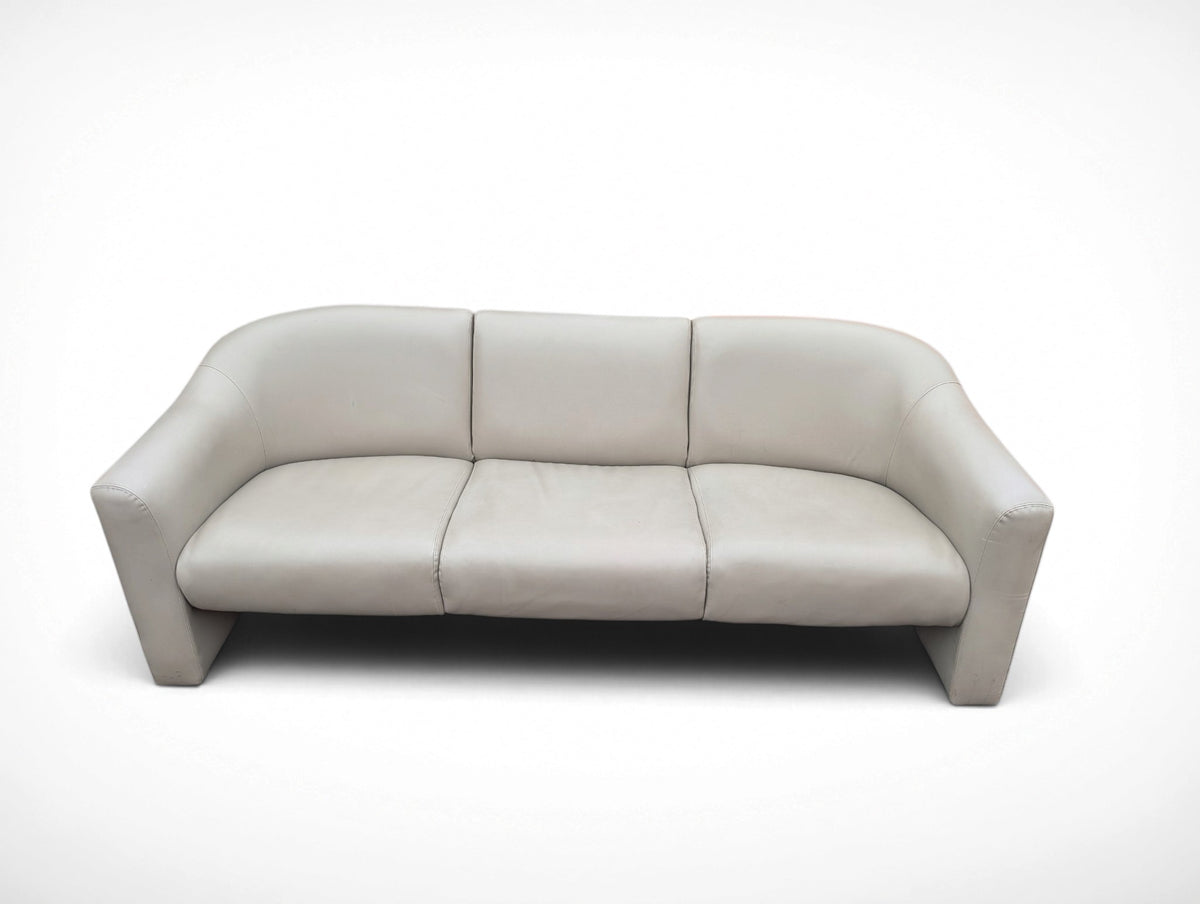 Vintage Milo Baughman for Thayer Coggin Institutional gray leather three seater sofa with curved sled legs and original manufacturer's tag