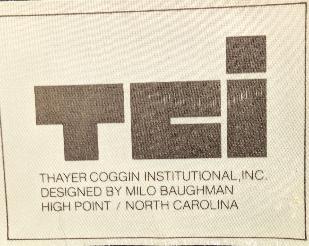 Vintage Milo Baughman for Thayer Coggin Institutional gray leather three seater sofa with curved sled legs and original manufacturer's tag