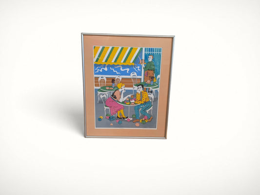 Orna Benshoshan Introduction 1986 artist proof front view — colorful pop art café scene in silver frame with peach mat
