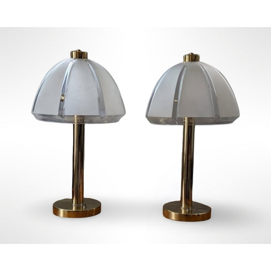 Pair of vintage Clover table lamps with frosted mushroom glass shades in a mid century modern style