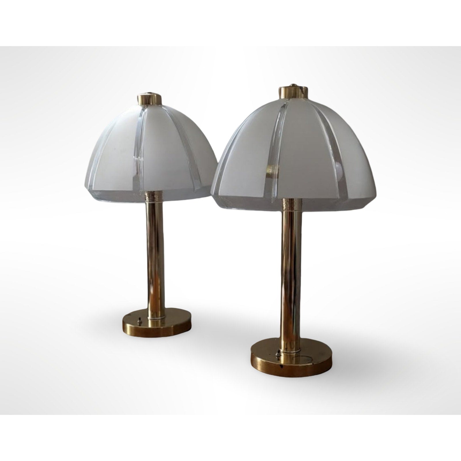 Pair of vintage Clover table lamps with frosted mushroom glass shades in a mid century modern style