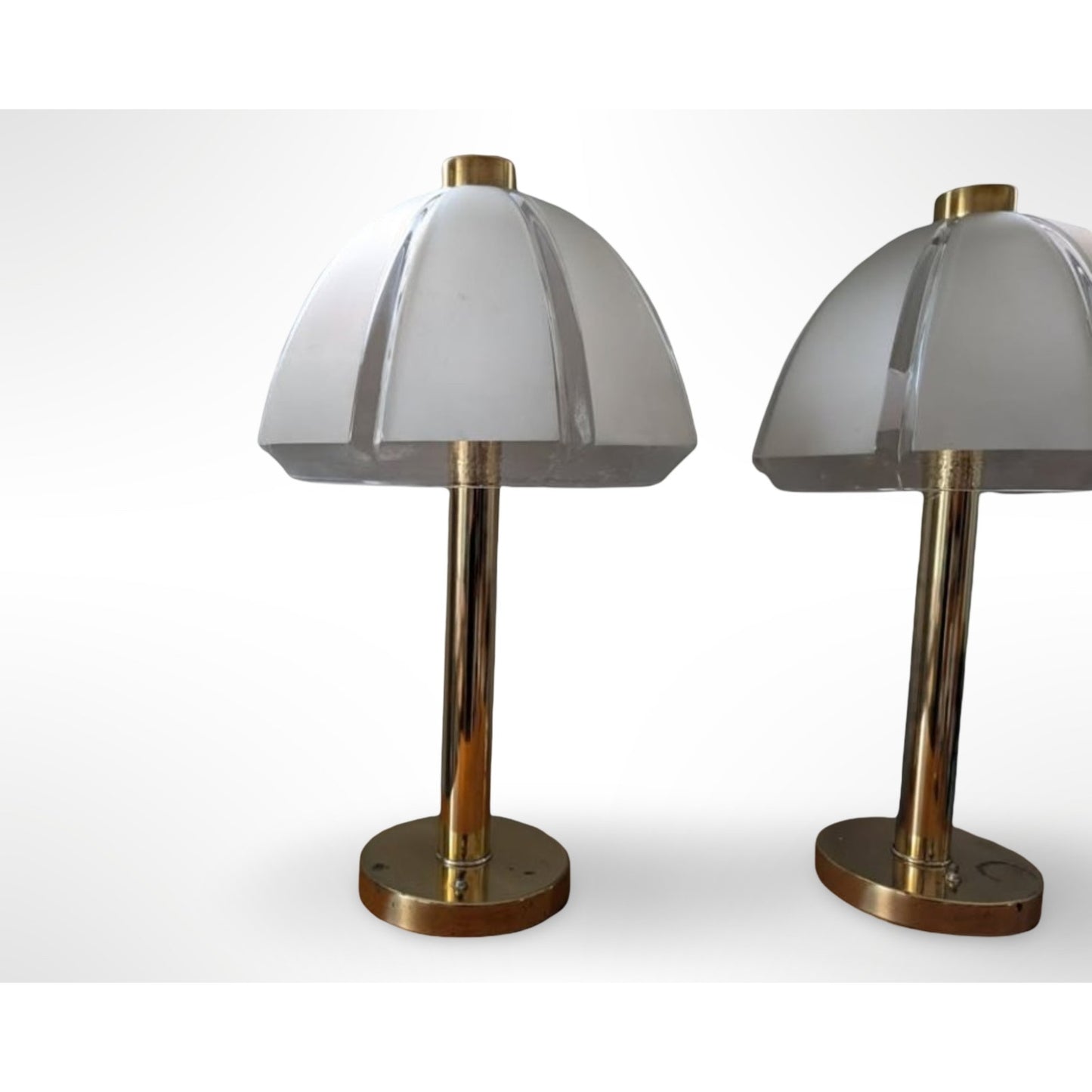 Pair of vintage Clover table lamps with frosted mushroom glass shades in a mid century modern style