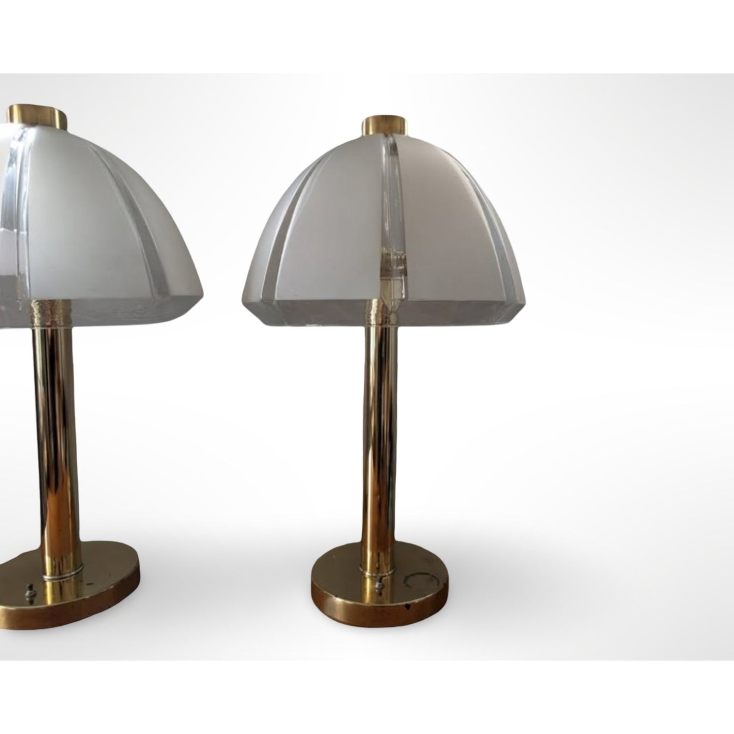 Pair of vintage Clover table lamps with frosted mushroom glass shades in a mid century modern style