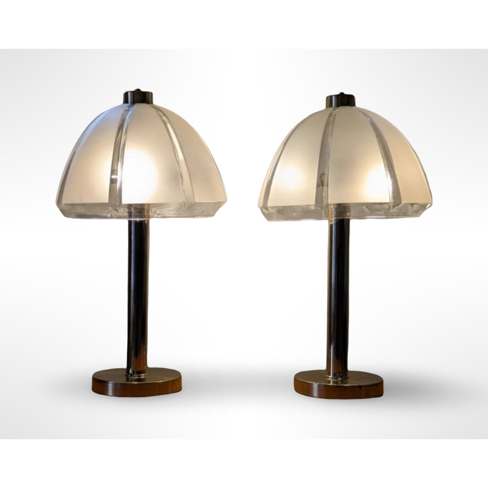 Pair of vintage Clover table lamps with frosted mushroom glass shades in a mid century modern style