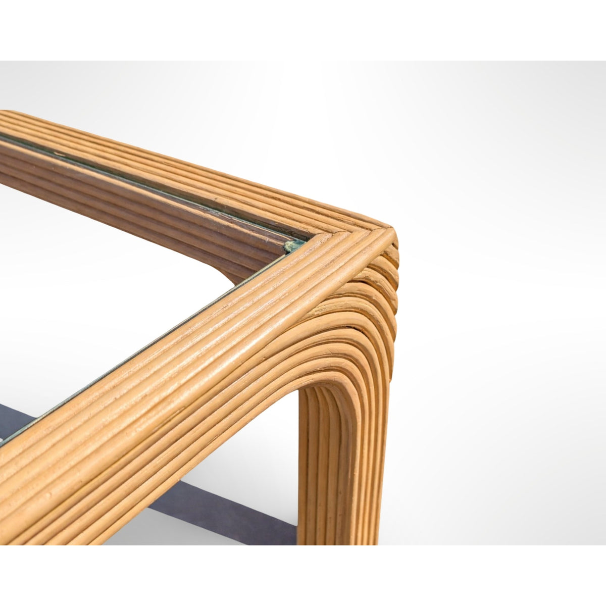 Pair of vintage split reed side tables with removable glass tops in a mid century modern organic design