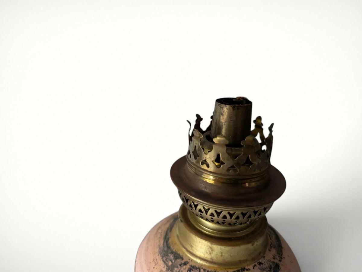 Studio pottery oil lamp brass burner close-up