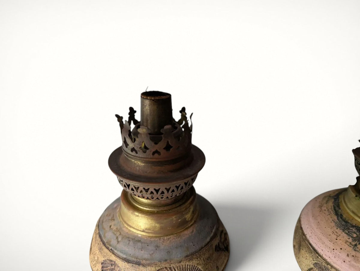 Studio pottery oil lamp rusty burner close-up