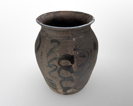 Vintage signed studio pottery vase with abstract dark glaze in organic mid century modern style