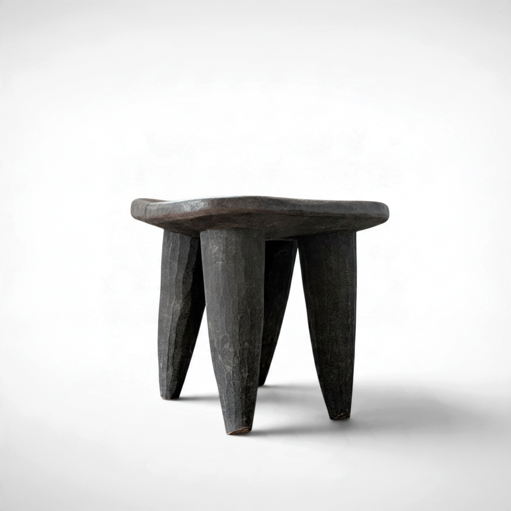 Vintage rustic African Senufo stool hand carved from solid wood, four tapered legs, 12.25x10.25x10.25 inches