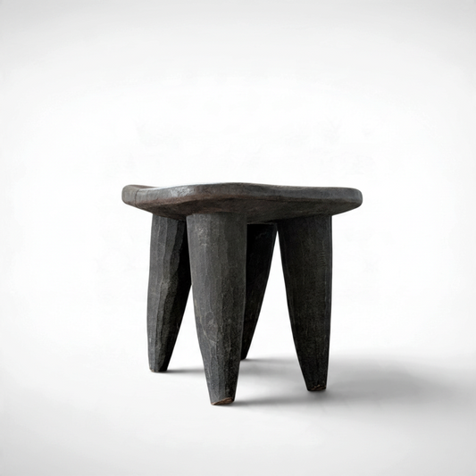 Vintage rustic African Senufo stool hand carved from solid wood, four tapered legs, 12.25x10.25x10.25 inches