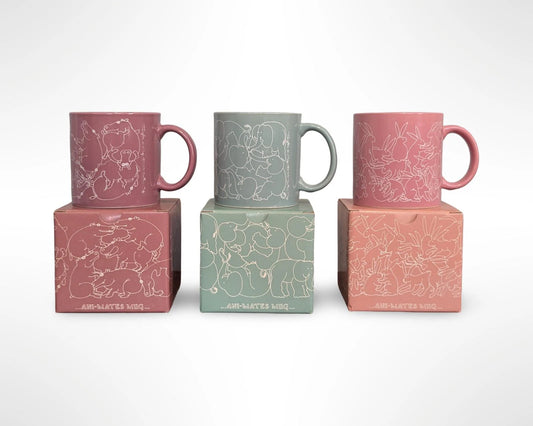 Set of 3 vintage Taylor & Ng Ani-Mates mugs from 1982, elephants hippos rabbits designs