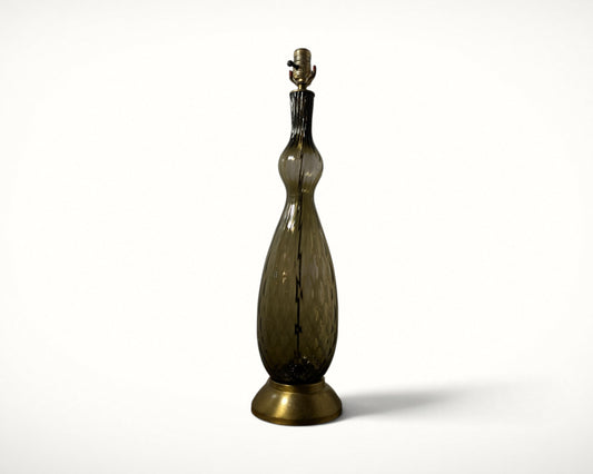 Vintage smoked art glass table lamp with brass base, full view