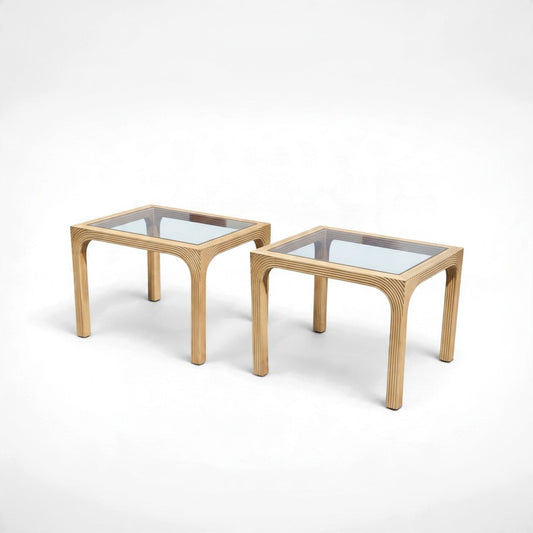 Pair of vintage mid century modern split reed side tables with inset glass tops, sculptural reed base, 22x27x21.25 inches