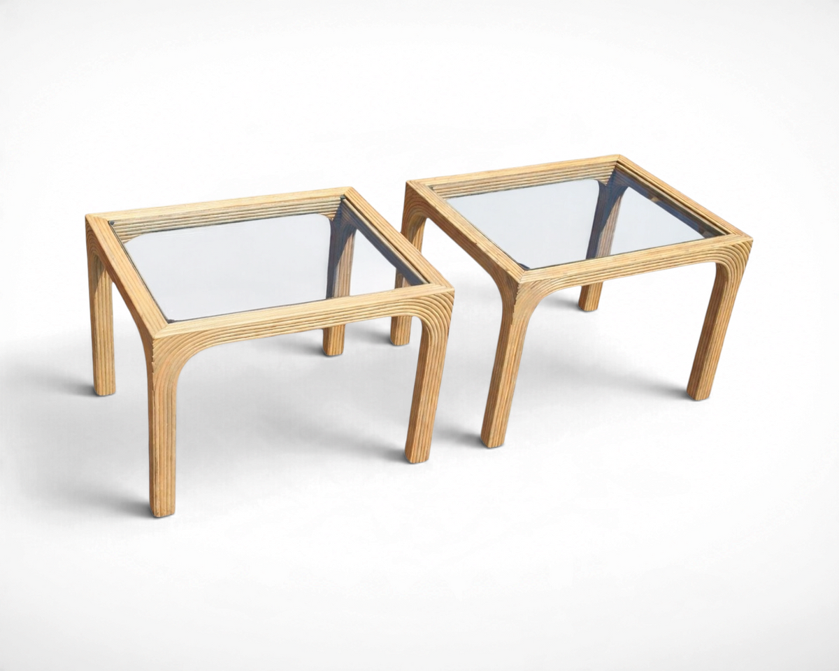 Pair of vintage mid century modern split reed side tables with inset glass tops, sculptural reed base, 22x27x21.25 inches