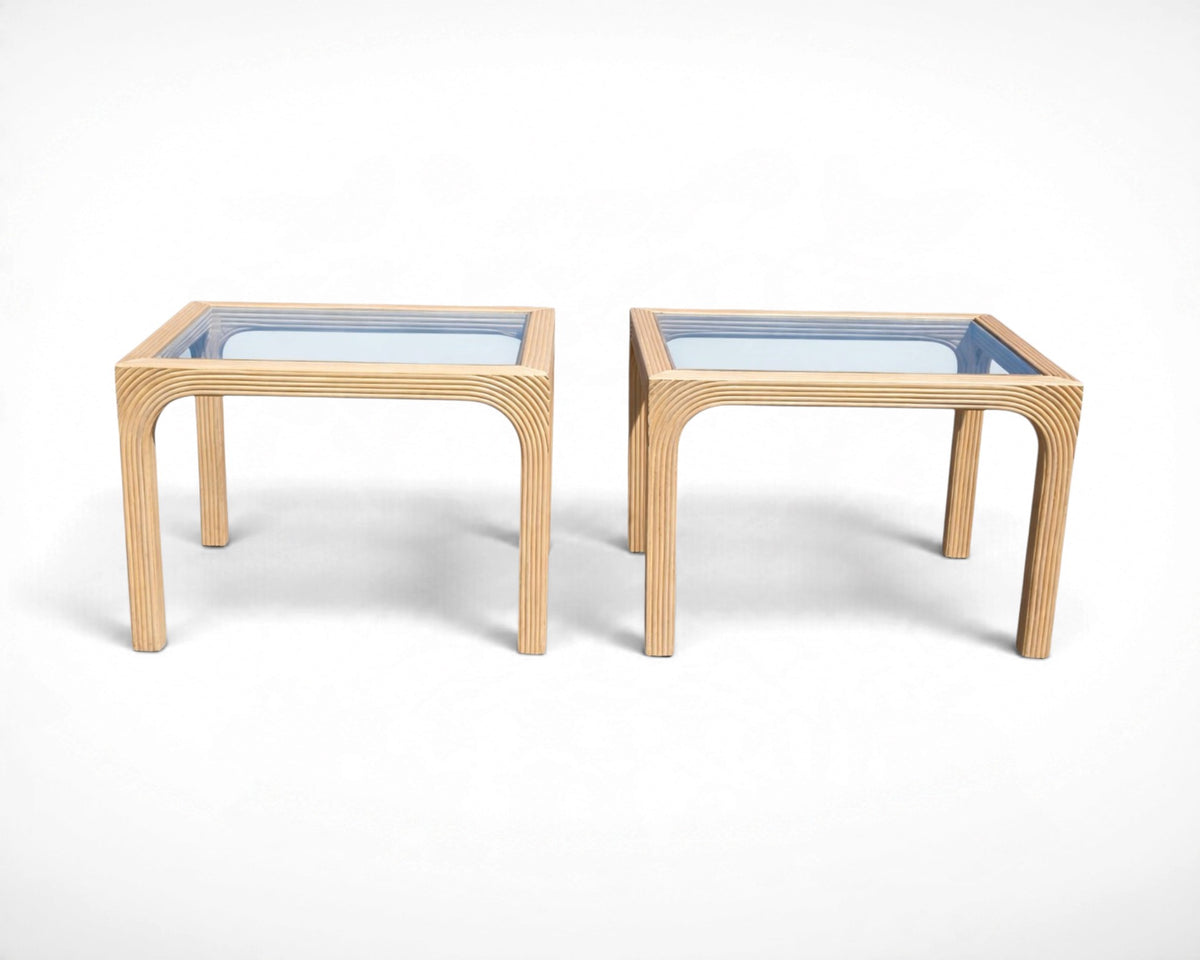 Pair of vintage mid century modern split reed side tables with inset glass tops, sculptural reed base, 22x27x21.25 inches