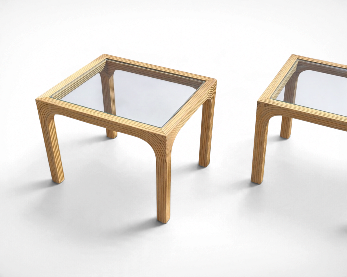 Pair of vintage mid century modern split reed side tables with inset glass tops, sculptural reed base, 22x27x21.25 inches