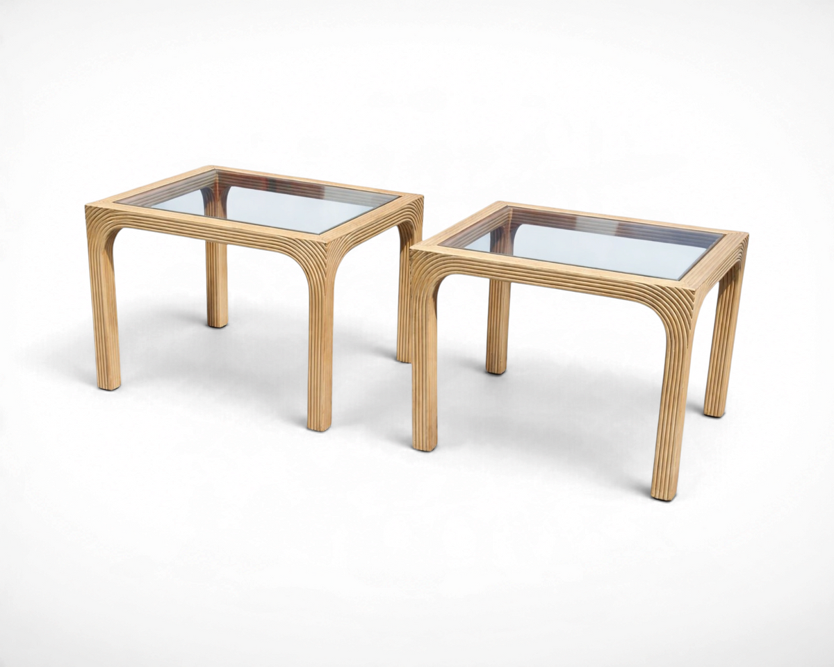 Pair of vintage mid century modern split reed side tables with inset glass tops, sculptural reed base, 22x27x21.25 inches