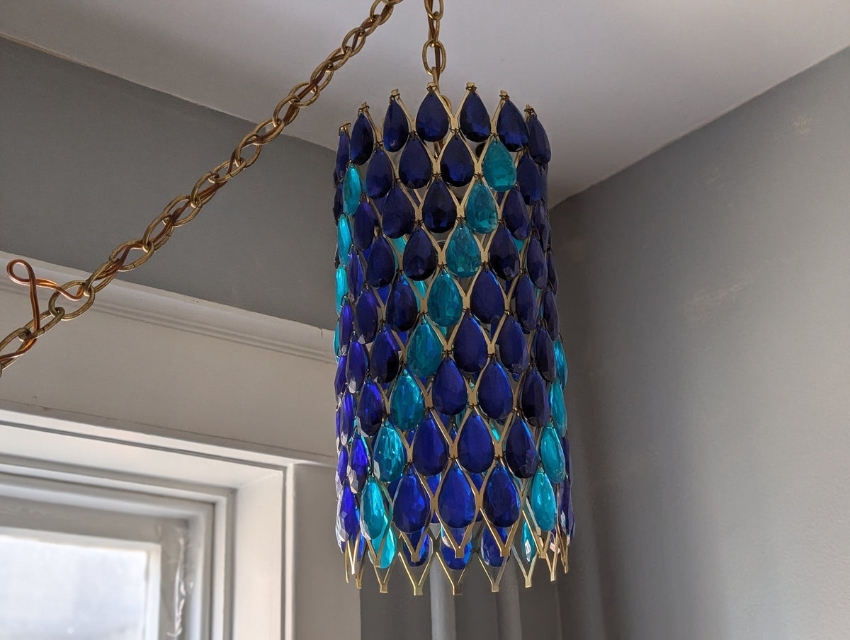 Stunning Mid-Century Modern Cylinder Pendant / Swag Lamp with Brass Frame and Blue Pendants — additional view 2