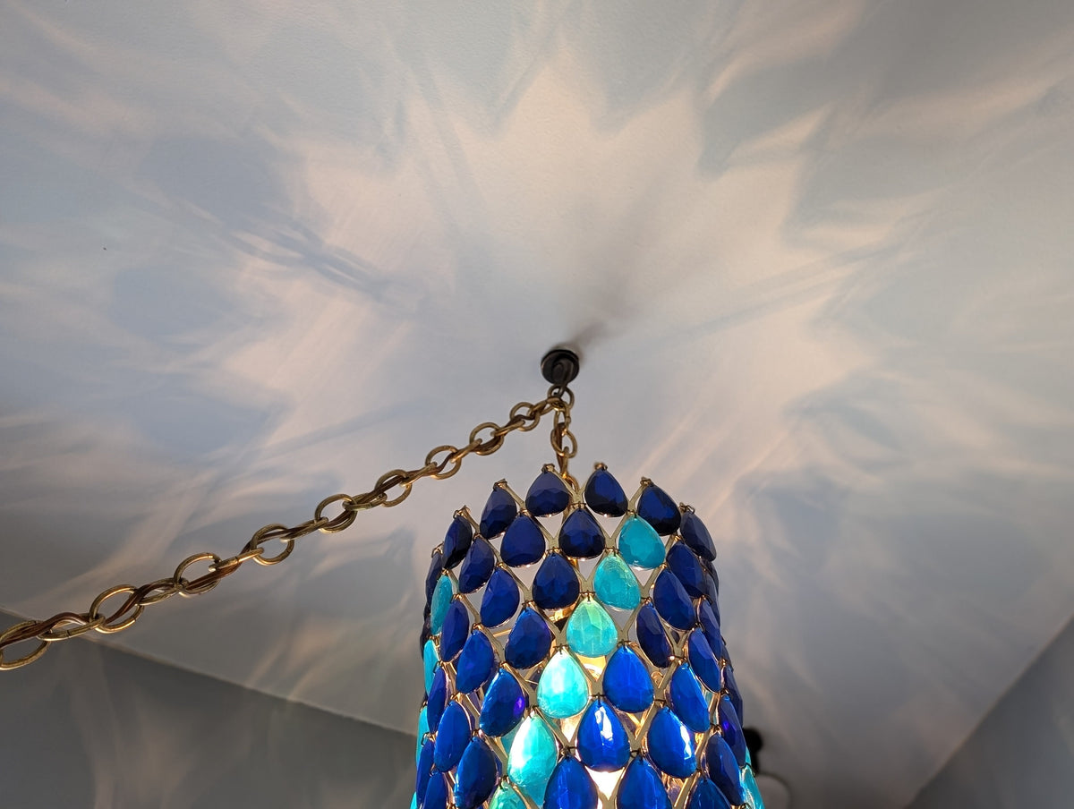 Stunning Mid-Century Modern Cylinder Pendant / Swag Lamp with Brass Frame and Blue Pendants — additional view 3