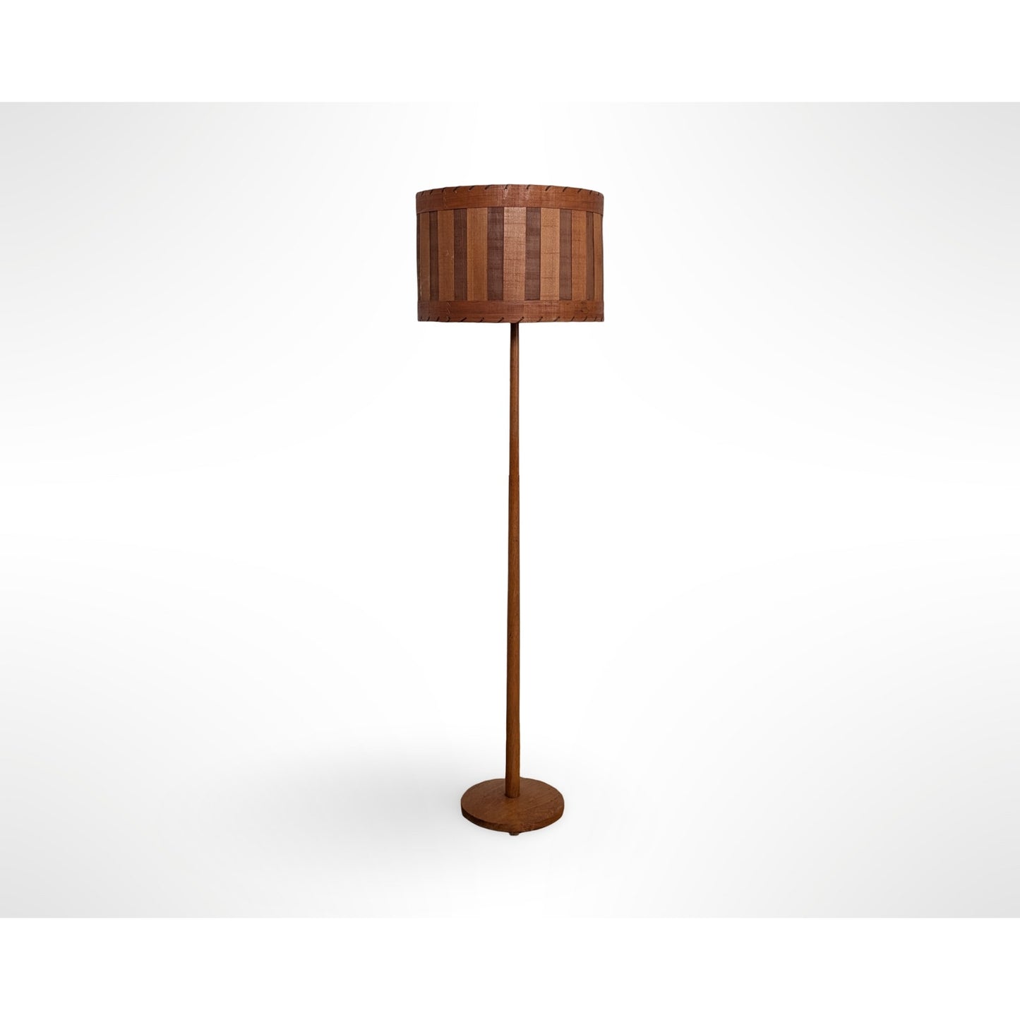 Swedish teak floor lamp with handcrafted wood shade and leather trim in Scandinavian mid century modern design