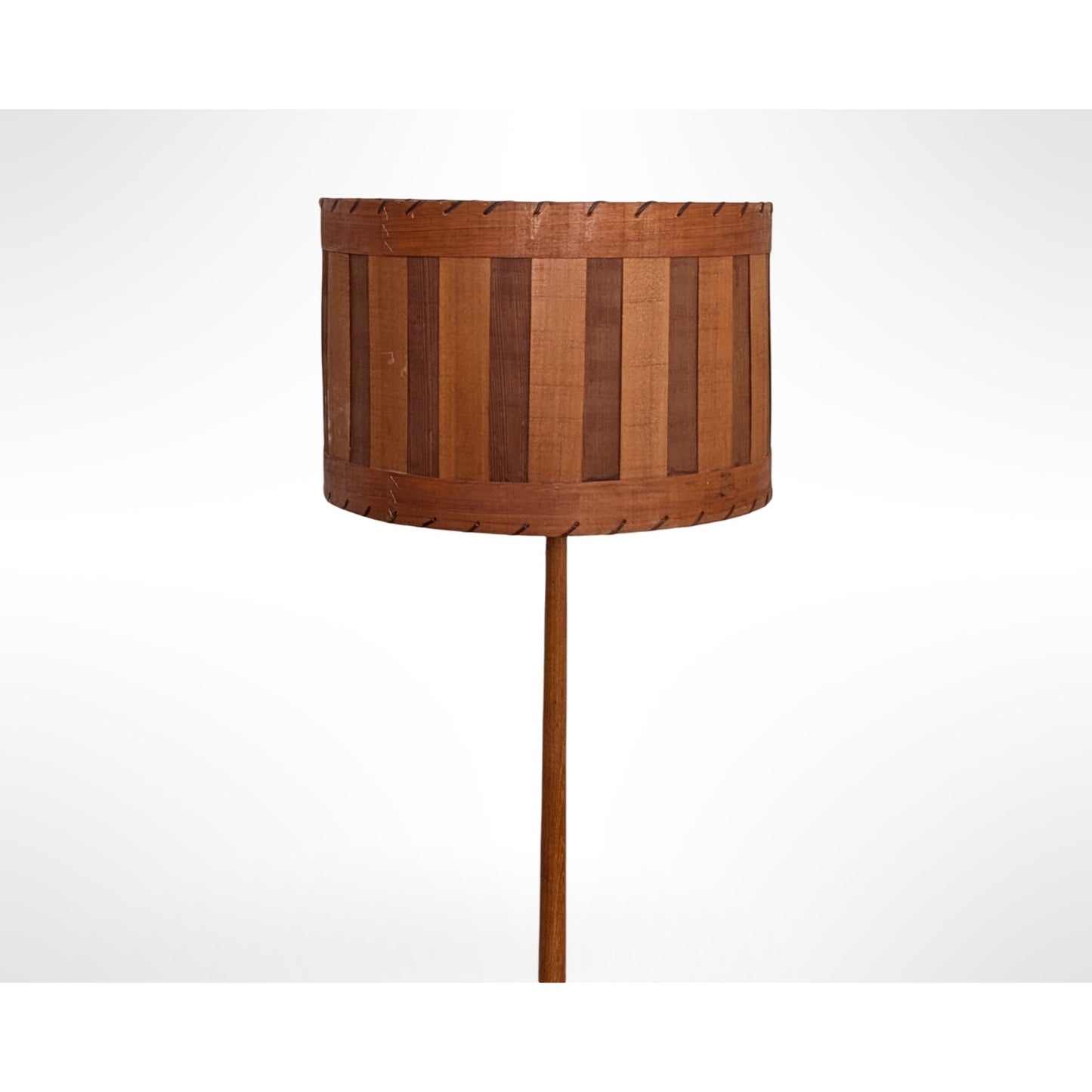 Swedish teak floor lamp with handcrafted wood shade and leather trim in Scandinavian mid century modern design