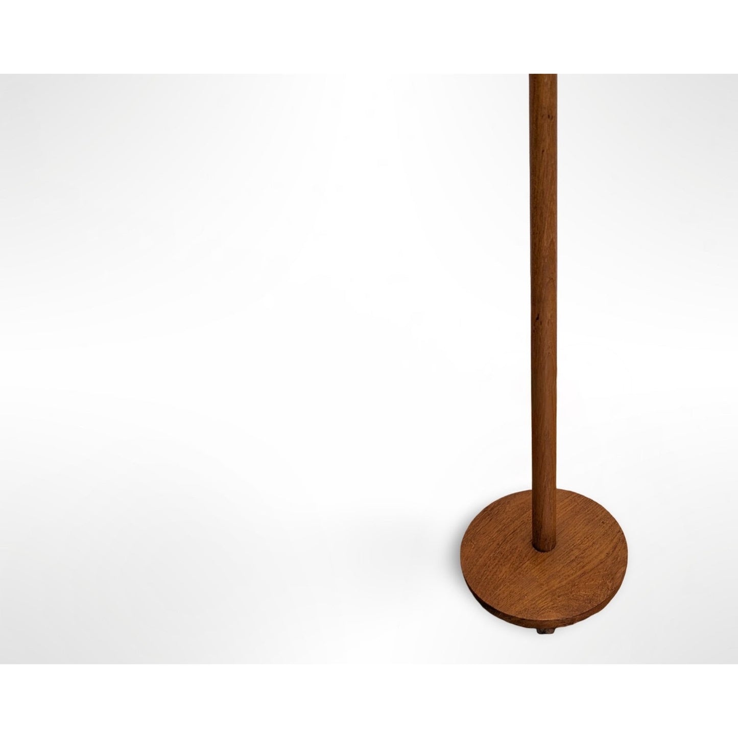 Swedish teak floor lamp with handcrafted wood shade and leather trim in Scandinavian mid century modern design