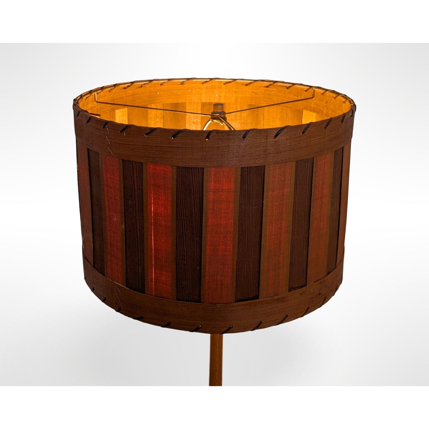 Swedish teak floor lamp with handcrafted wood shade and leather trim in Scandinavian mid century modern design