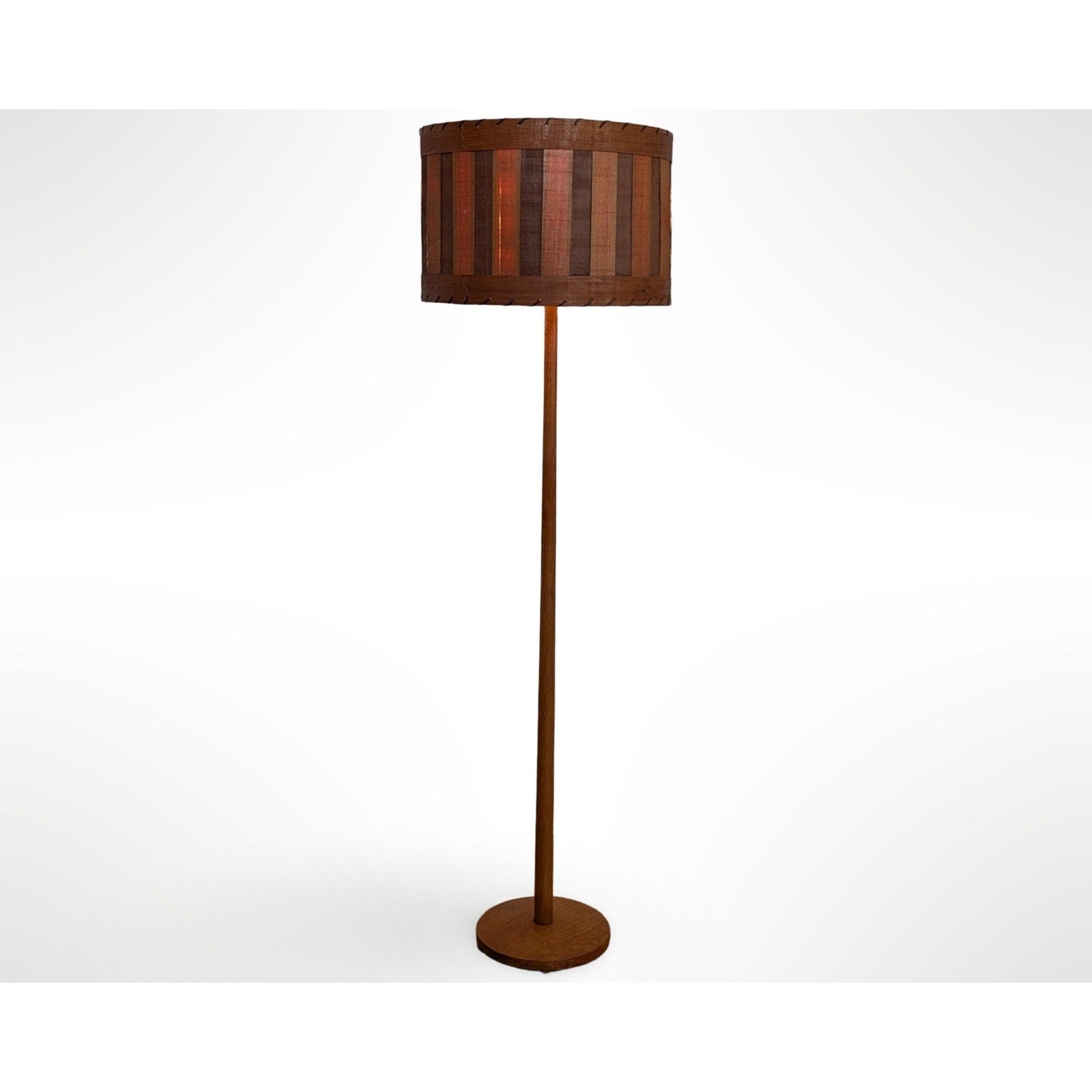Swedish teak floor lamp with handcrafted wood shade and leather trim in Scandinavian mid century modern design