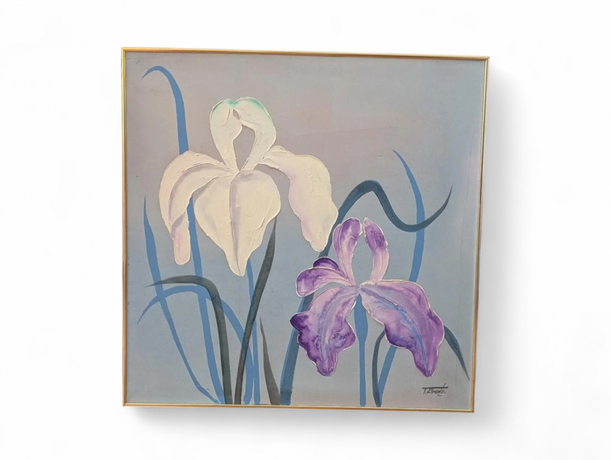 T. Randle Iris Painting Framed Thin Gold Frame Vintage Retro - Image 3