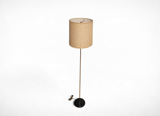 Vintage chrome stick floor lamp with tall woven drum shade, full view against white background