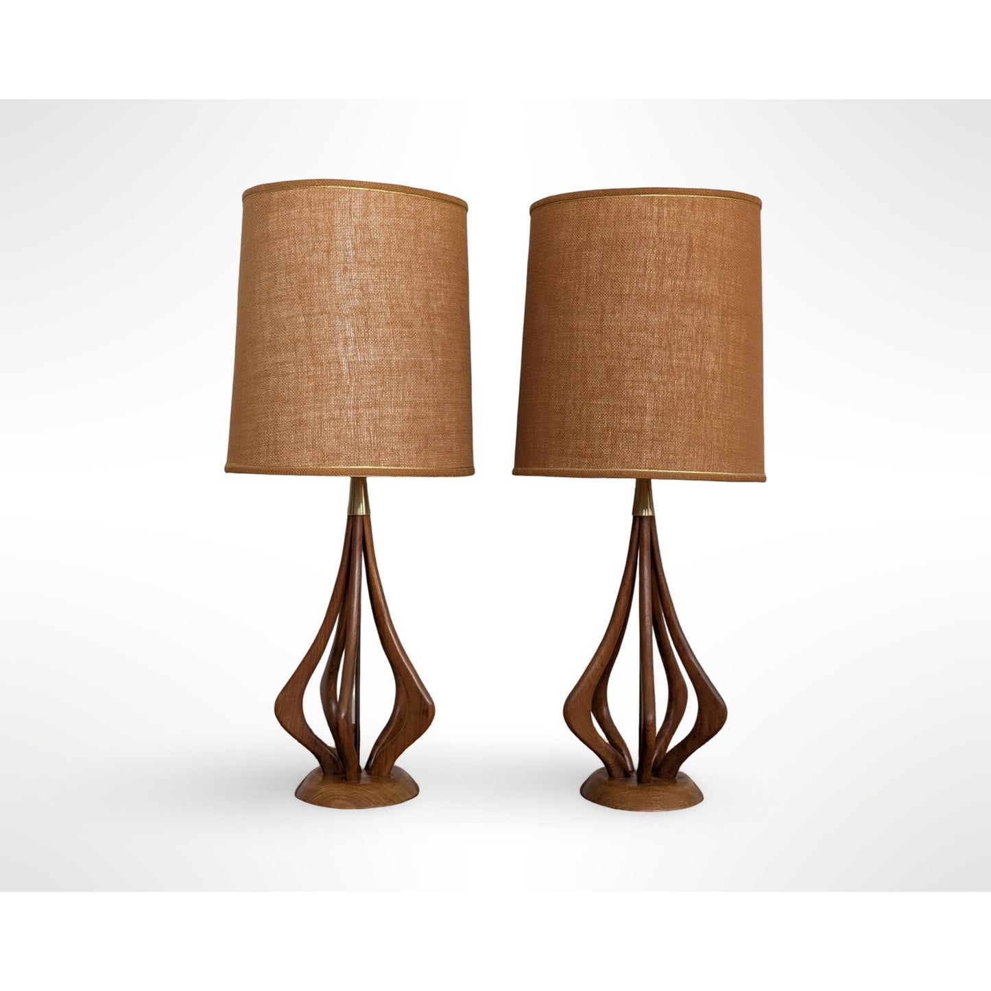 Pair of VH Woolums sculptural walnut table lamps with original shades in restored mid century modern condition