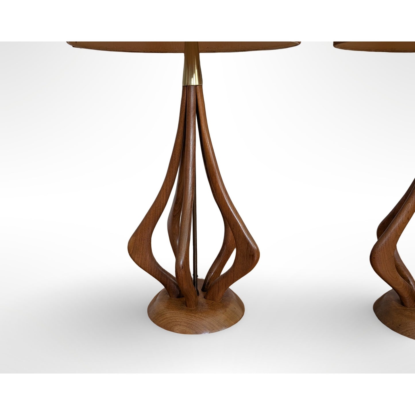 Pair of VH Woolums sculptural walnut table lamps with original shades in restored mid century modern condition