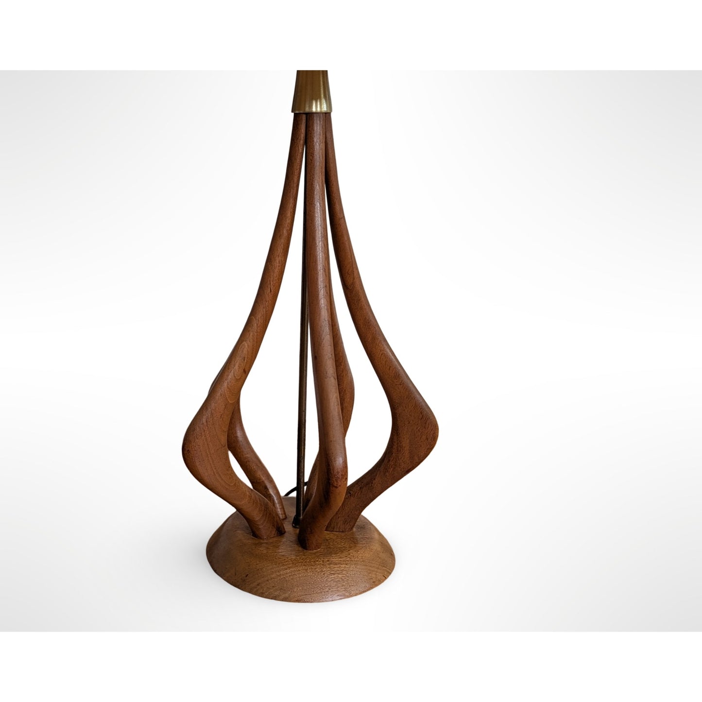 Pair of VH Woolums sculptural walnut table lamps with original shades in restored mid century modern condition