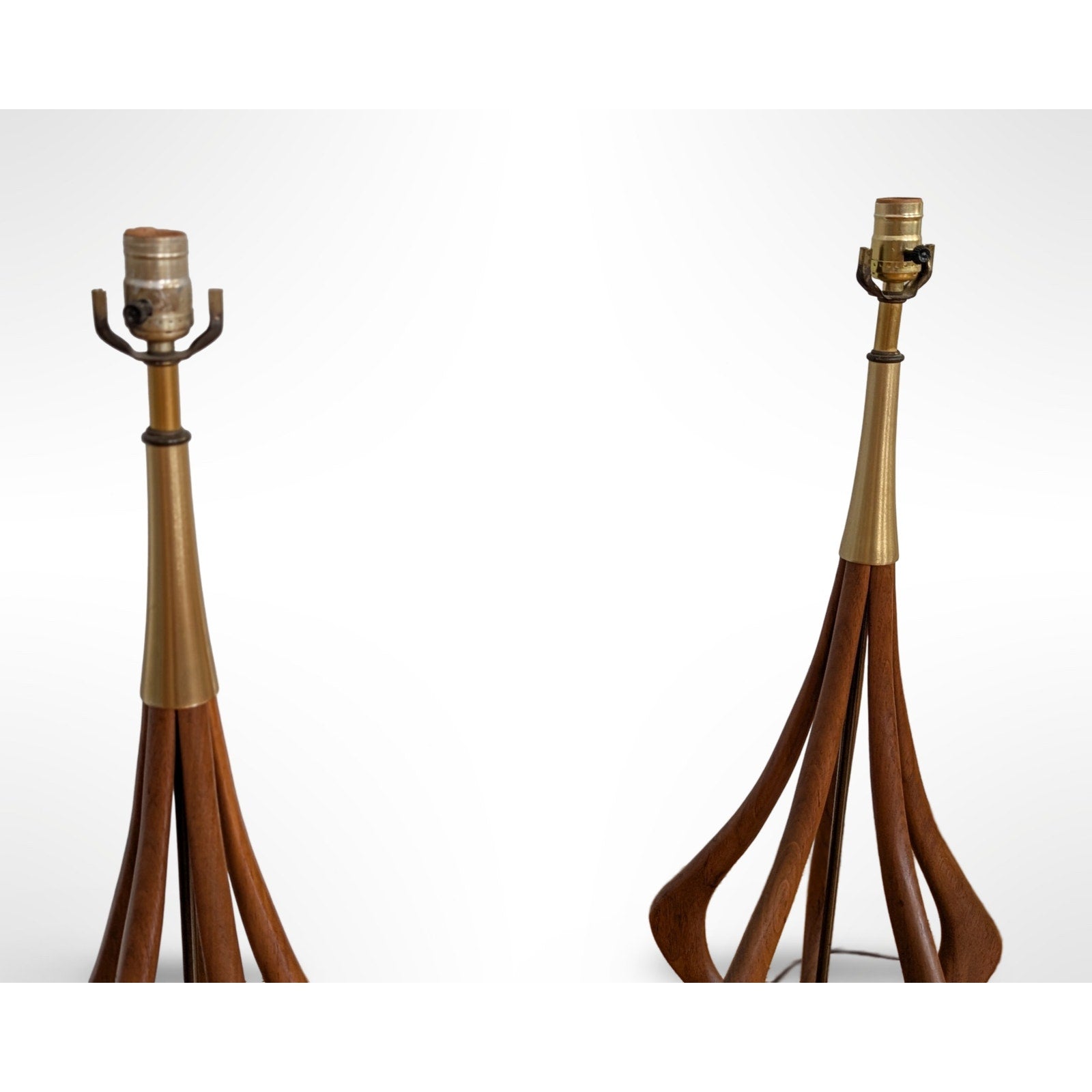Pair of VH Woolums sculptural walnut table lamps with original shades in restored mid century modern condition