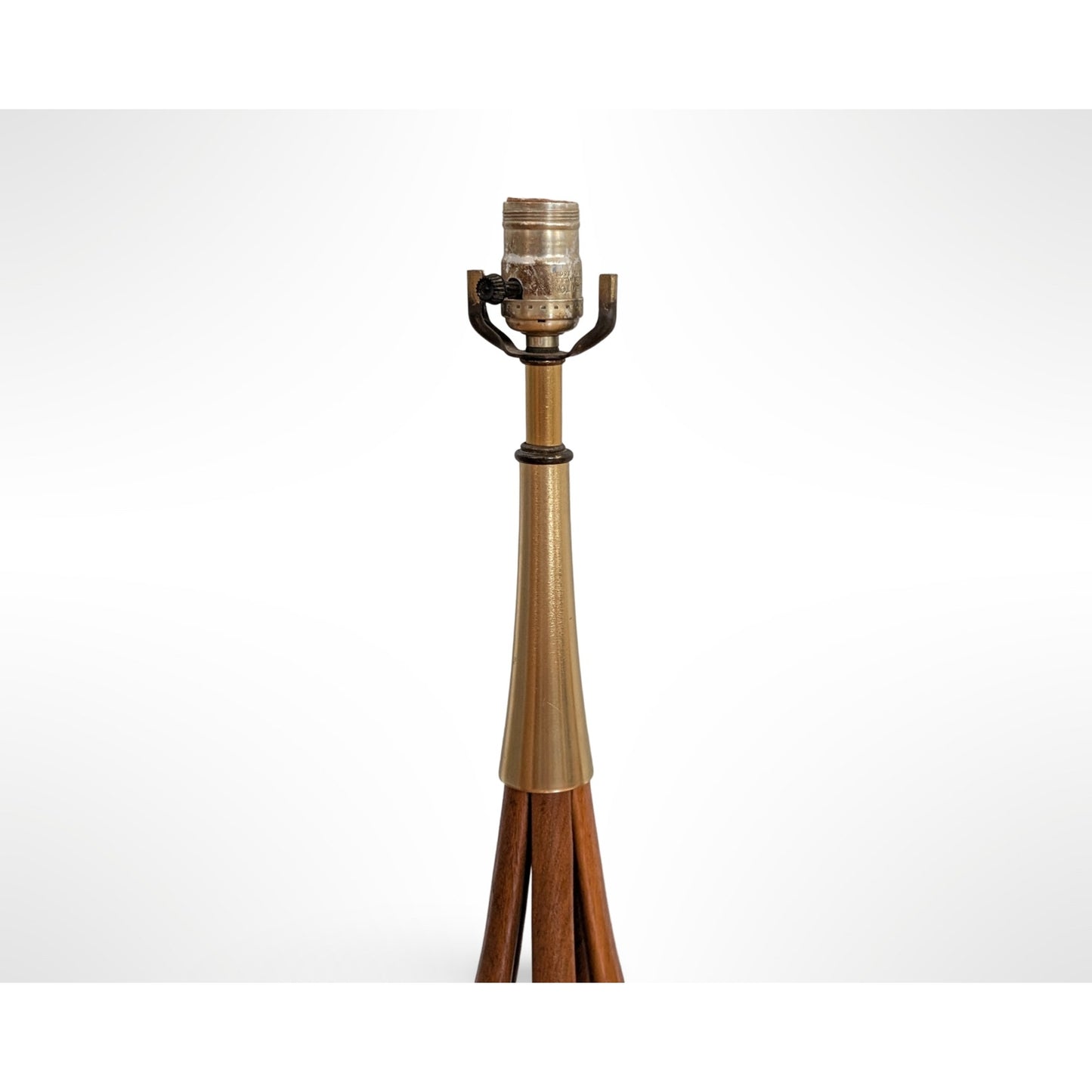 Pair of VH Woolums sculptural walnut table lamps with original shades in restored mid century modern condition