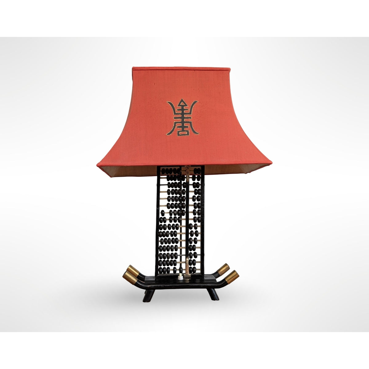 Vintage Chinese abacus table lamp with black finish, brass accents, and original silk pagoda shade