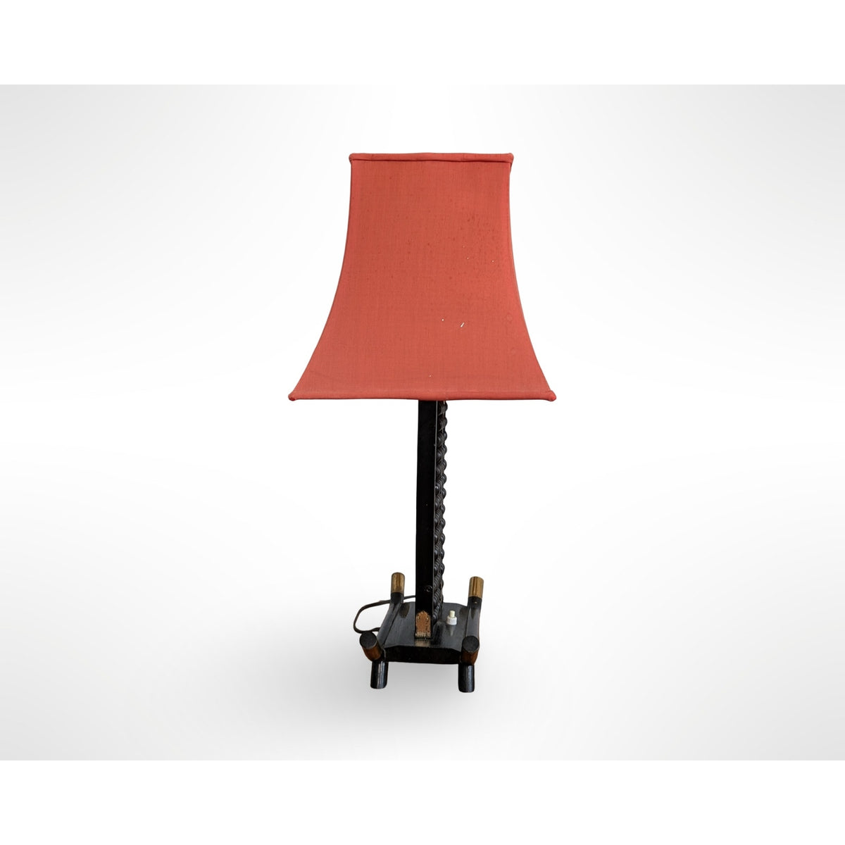 Vintage Chinese abacus table lamp with black finish, brass accents, and original silk pagoda shade