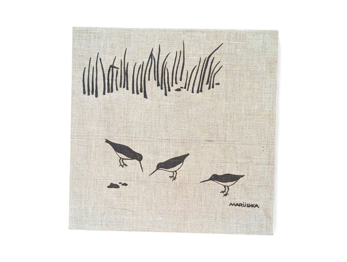 "Vintage mid-century modern Marushka linen screen print featuring three shorebirds in beach grass, 13.125 x 13.125 inches"