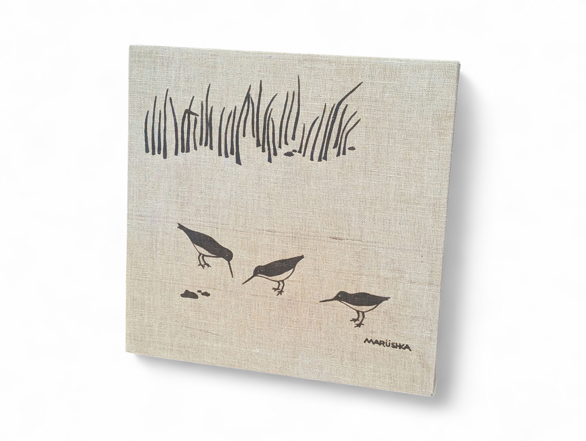 Vintage mid-century modern Marushka linen screen print featuring three shorebirds in beach grass, 13.125 x 13.125 inches